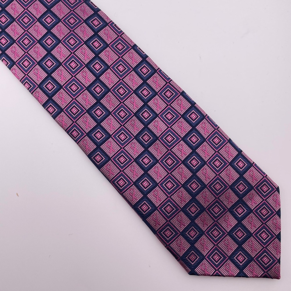 Diane Katzman Real Men Wear Pink Silk Tie Pink Blue Geometric Breast Cancer‎